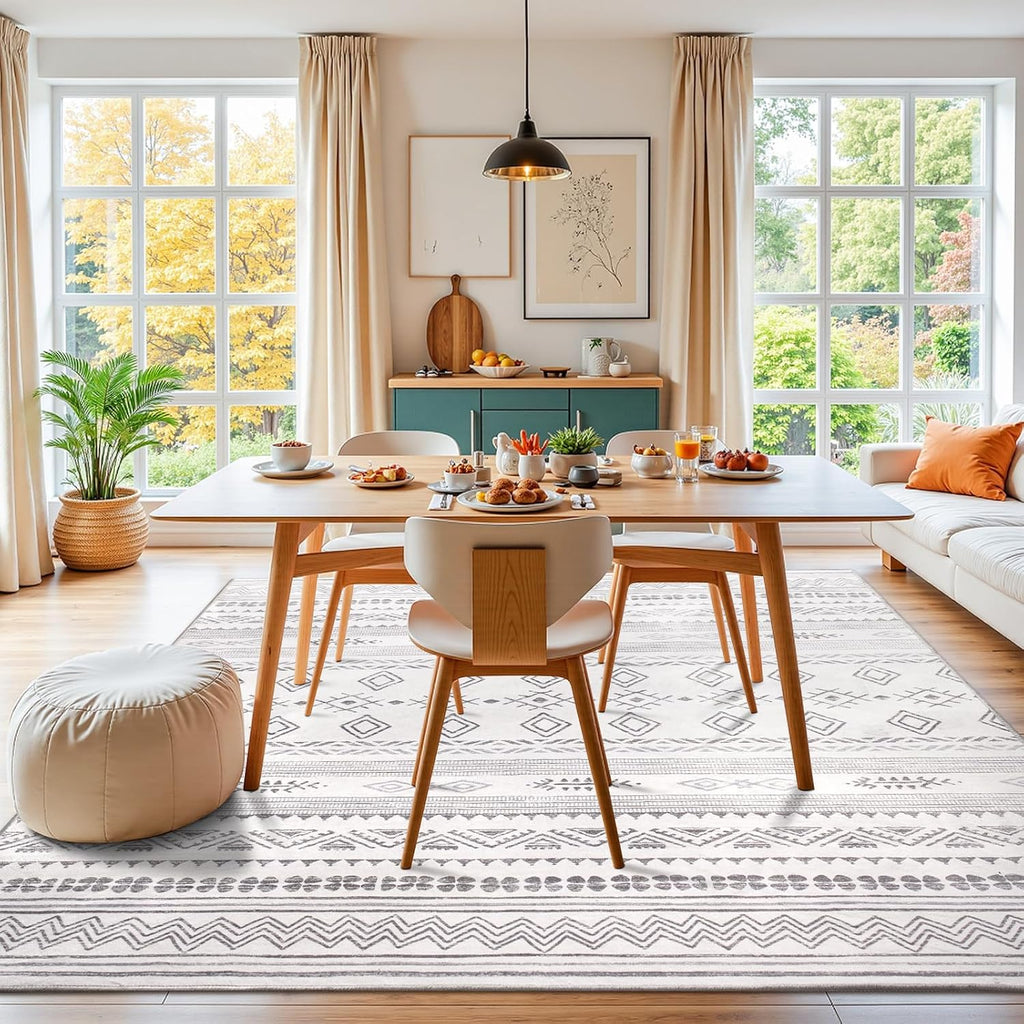 Boho Area Rug, Grey Washable Rugs with Non Slip Backing, Soft Geomtric Stain Resistant Moroccan Carpet Floor