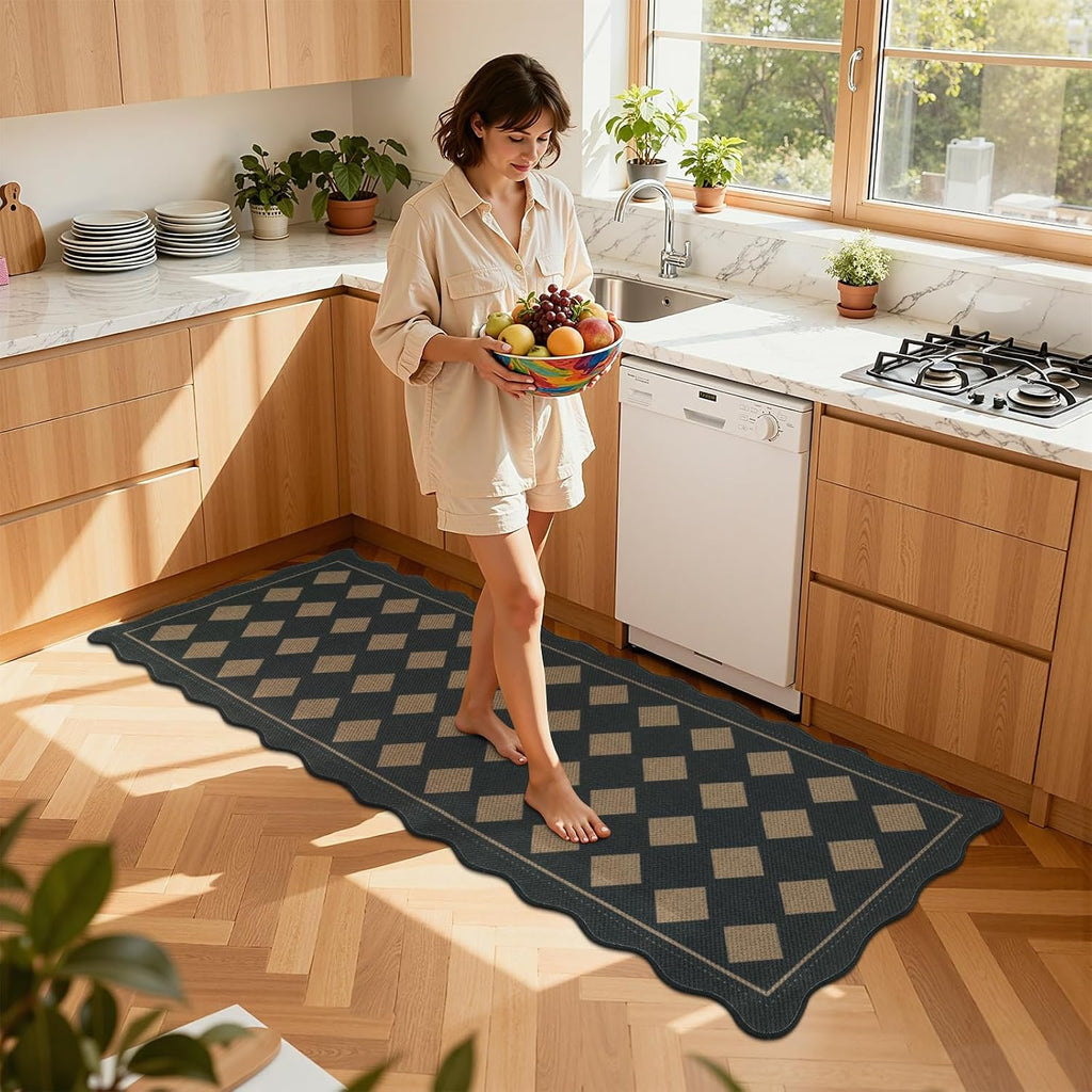 Checkered Hallway Runner Rug 2x6, Non Slip Washable Mat, Black