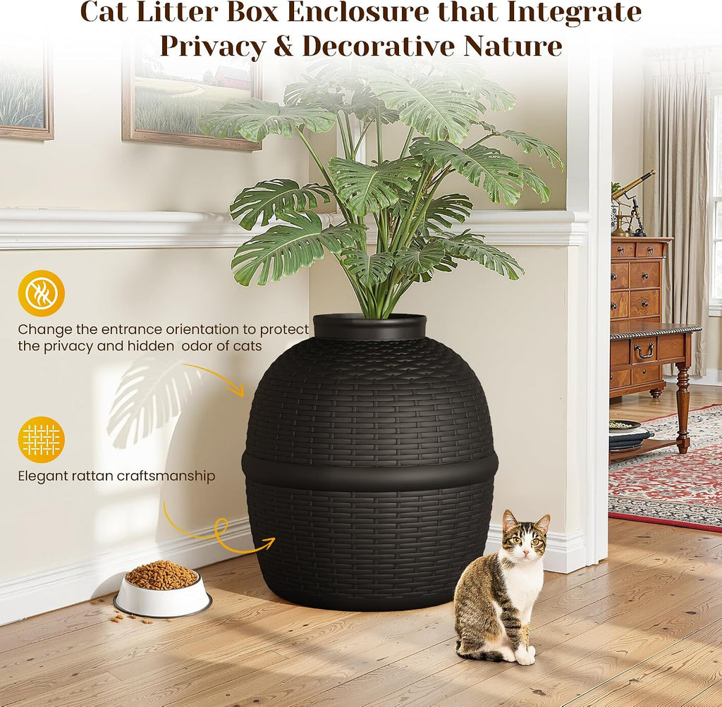 Large Cat Litter Box, Hidden Litter Box with Faux Plant, Heavy Duty Litterbox Enclosure Furniture with Rattan