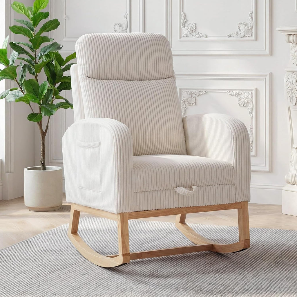 Nursery Rocking Chair, Corduroy Upholstered Rocking Chair with Adjustable Footrest, Tufted Rocker Chair with Side