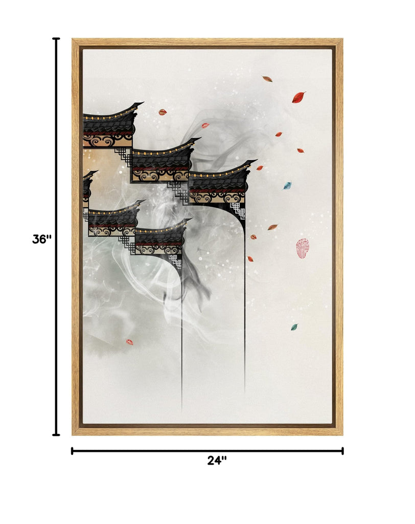 Framed Canvas Print Wall Geometric Chinese Style Leaves & Architecture Nature Wilderness Illustrations Modern Rustic