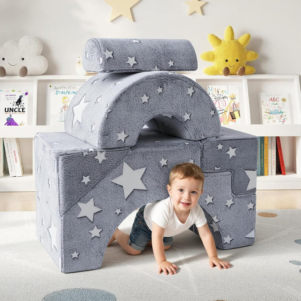 Kids Couch, Glow in Dark Stars Foam Climbing Sofa with Slide