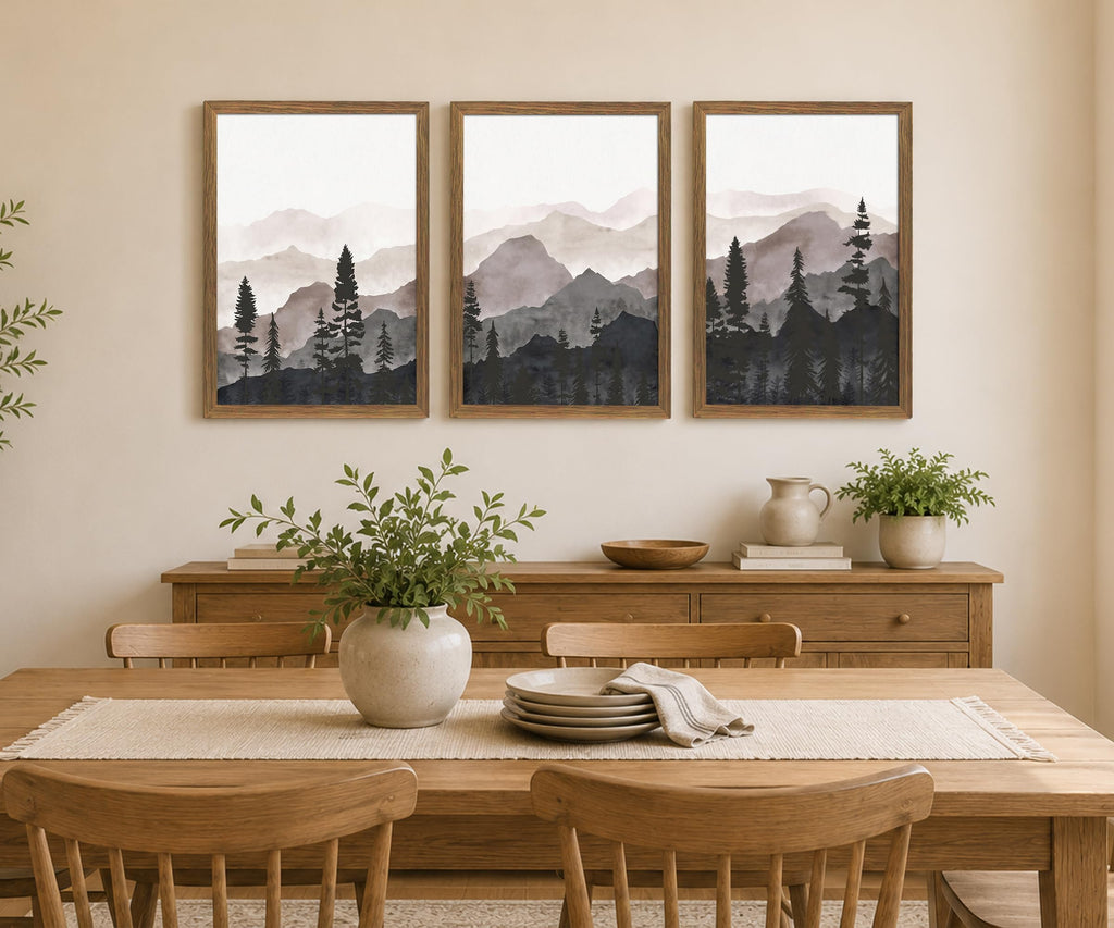 Framed Pine Forest Wall Art Set of 3, Misty Mountain Landscape, 12x16 Inch