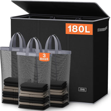 180L Laundry Hamper 3 Section, Extra Large Laundry Hamper with Lid, Dirty Clothes Hamper with Sturdy Handle, Large