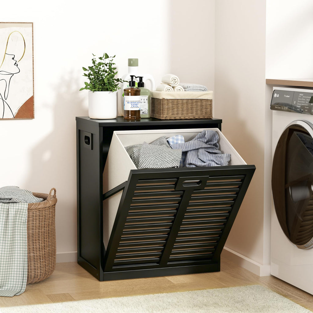 Tilt Out Laundry Hamper, Bamboo Laundry Cabinet with Hidden Removable Basket,Dirty Clothes Storage Organizer , Black