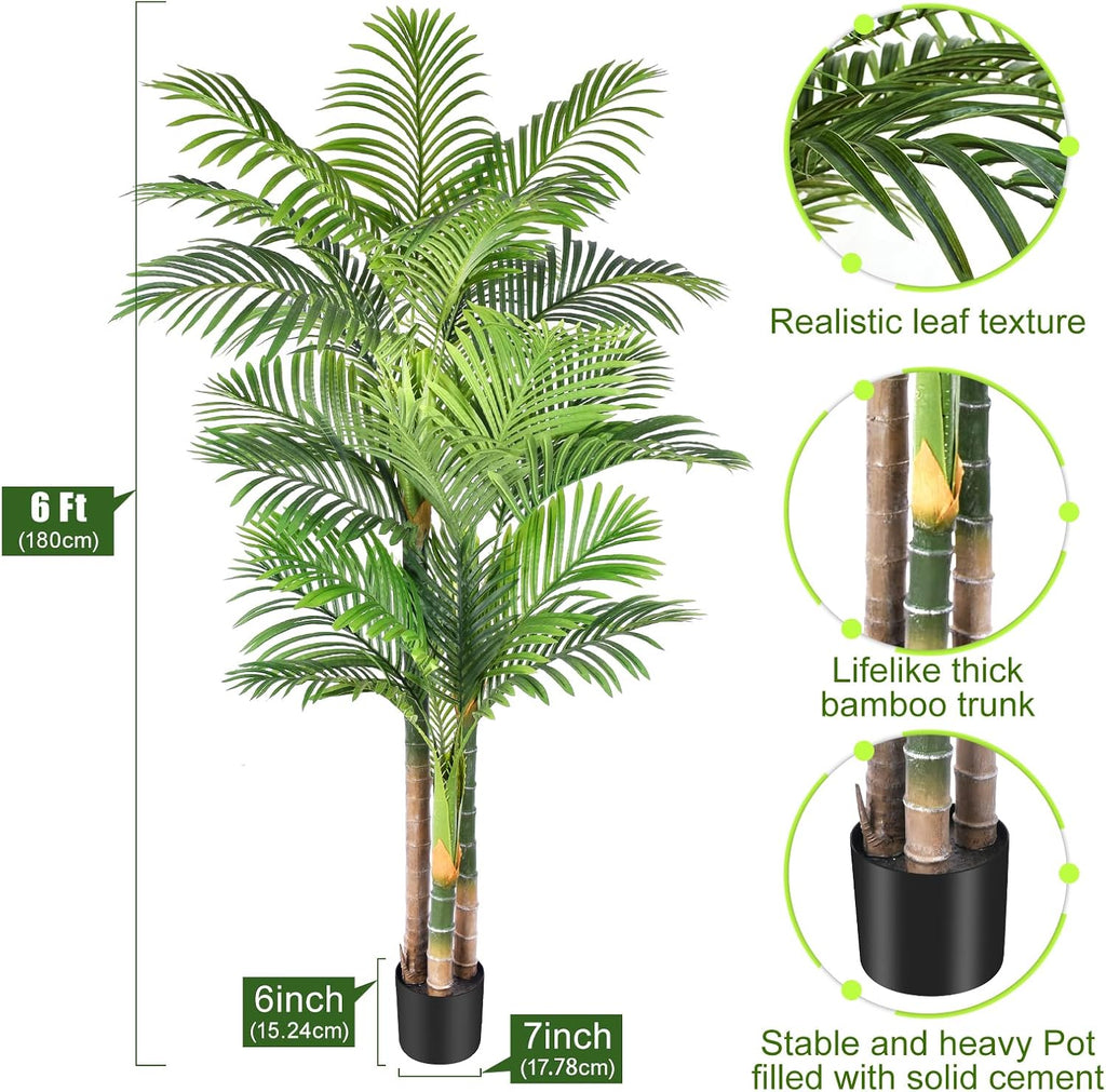 6ft Tall Triple Golden Cane Palm Artificial Tree Large Tropical Palm Tree UV Resistant Fake Plant in Pot Outdoor Big