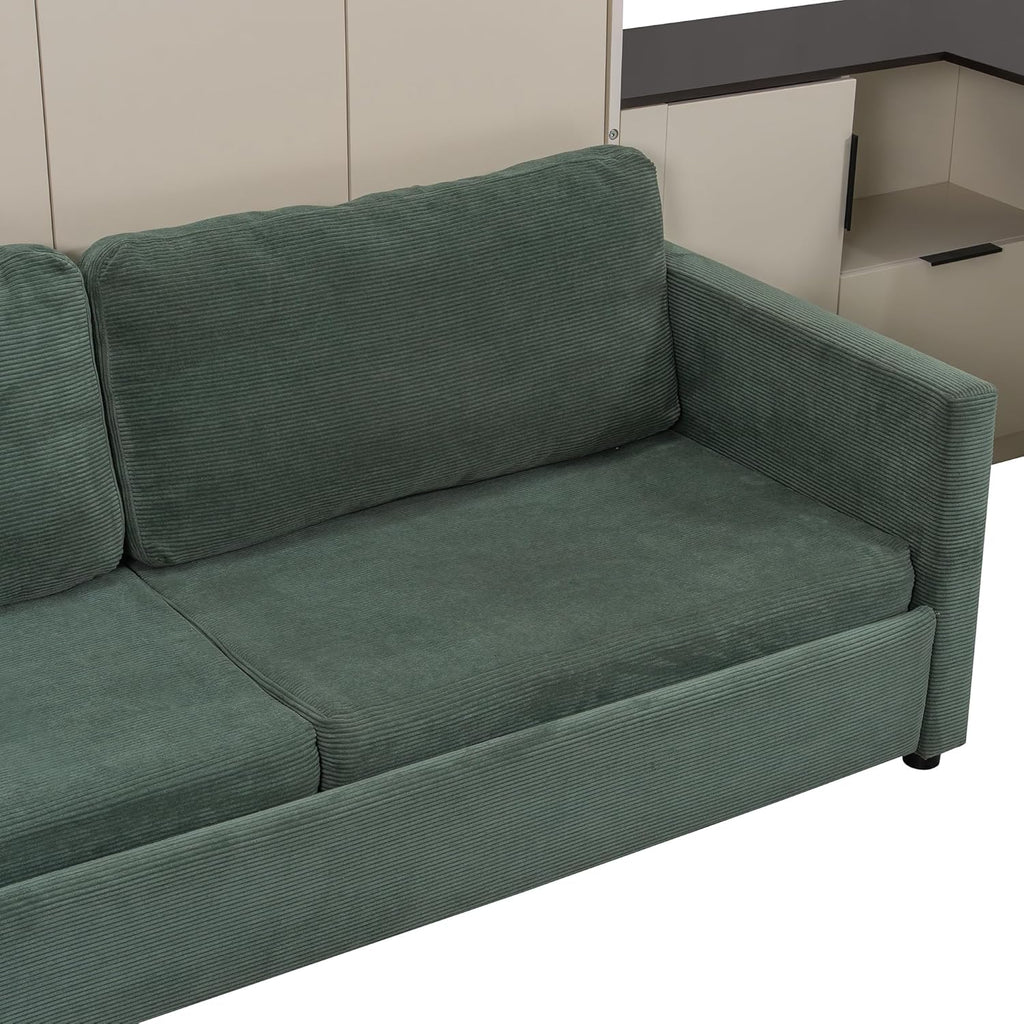 Queen Murphy Bed with Couch,L-Shape Desk and Storage Cabinet & LED, Wood Folding Murphy Wall Bed with Desk,Sofa and