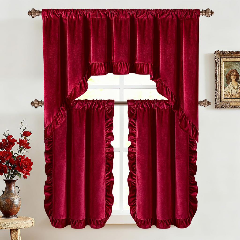 Red Velvet Valances for Windows Ruffle Valance Curtains Christmas Swag Curtains, Soft Luxury Red Window Valances Rod