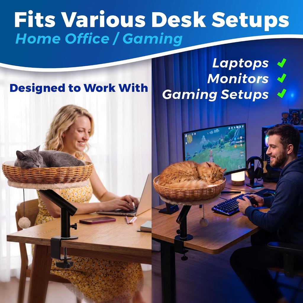 Cat Desk Bed - Rattan Elevated Desk Cat Bed Attachment with Removable Washable Cushion, 360° Swivel Arm, Secure Clamp