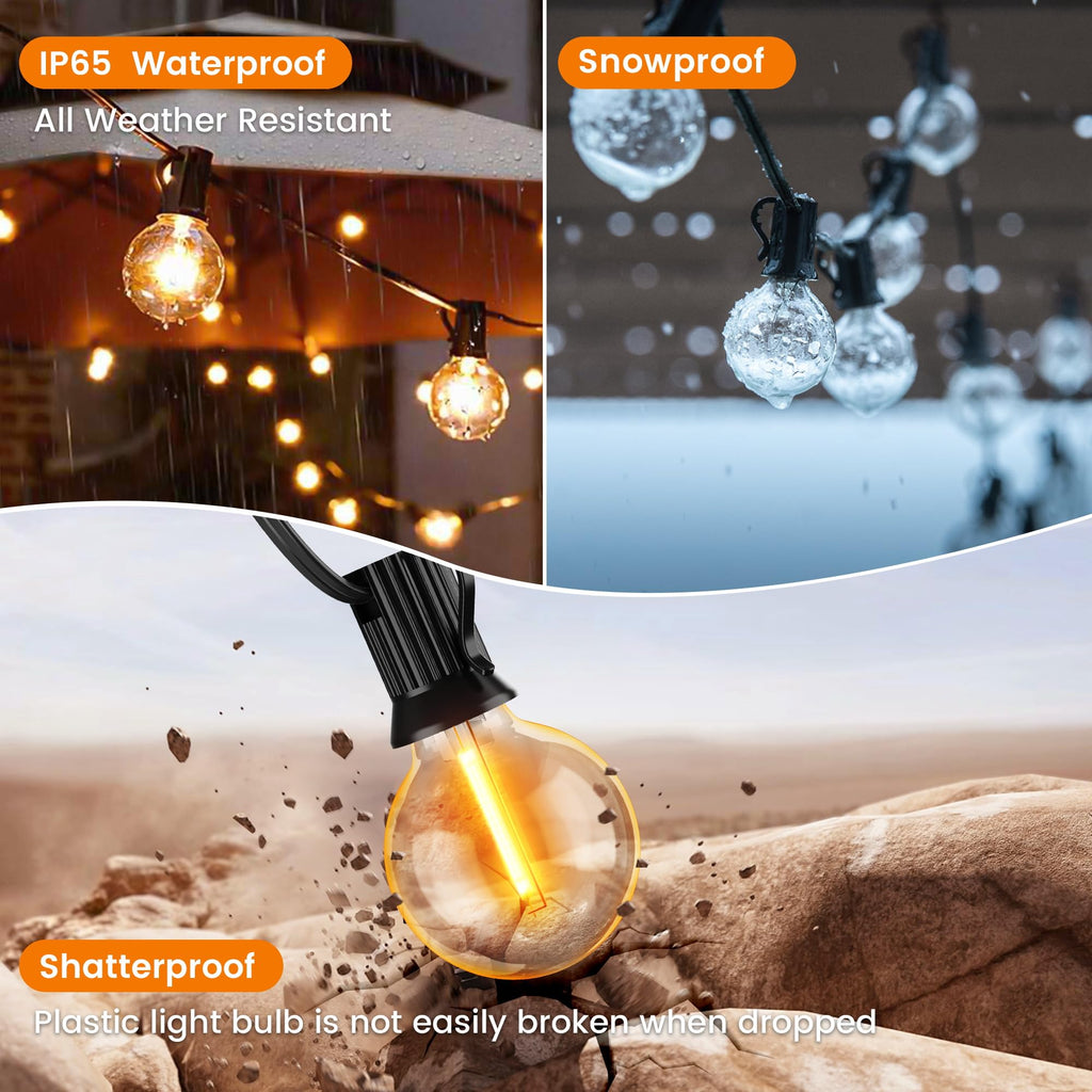 Outdoor String Lights, LED Patio Lights with 82 Dimmable Plastic G40 Globe Bulbs 2 Spares, 2200K Waterproof