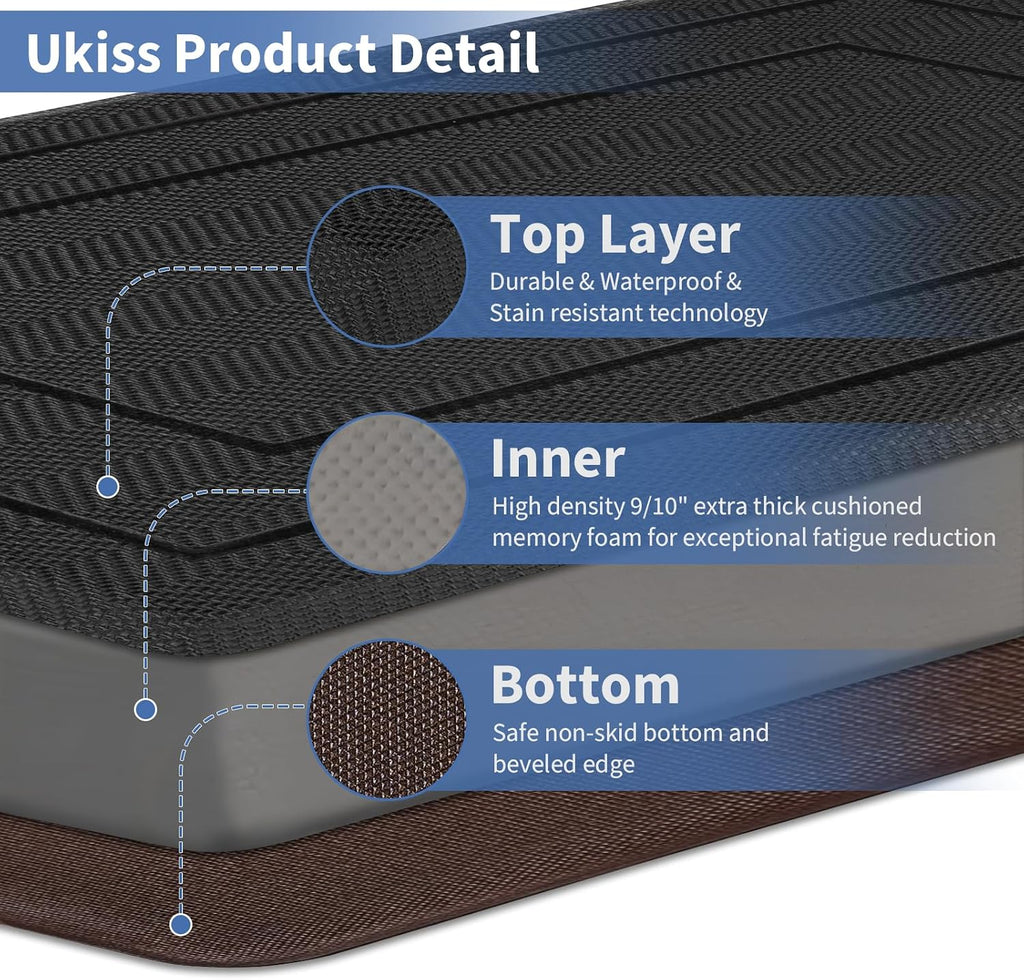 9/10"" Extra Thick Cushioned Anti Fatigue Kitchen Mat, Waterproof High Density Foam Standing Desk Mat, Non-Slip