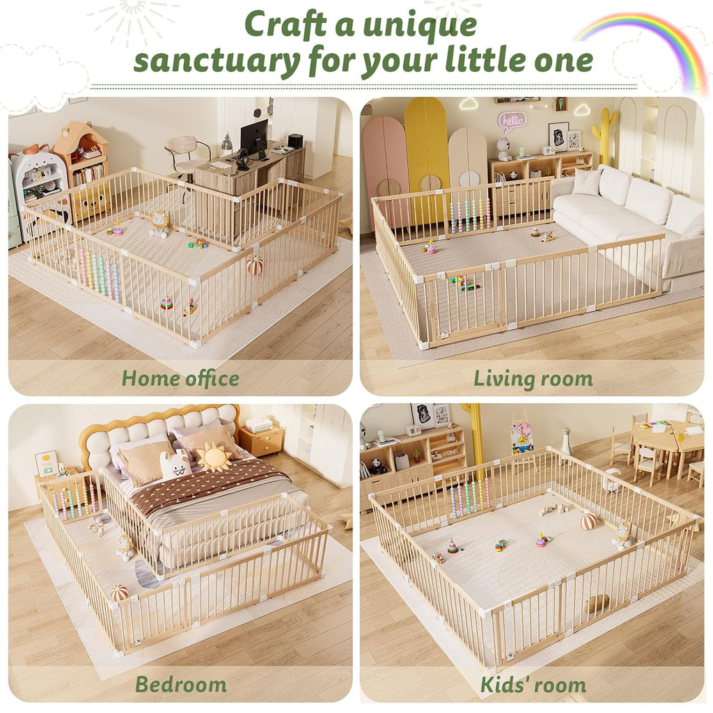 Wooden Baby Playpen, 12 Panels Fence for Babies and Toddlers 83"×83" | Size Adjustable Baby Play Yard with Locking