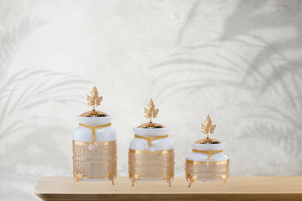 Canisters Sets for the Kitchen, Ceramic Kitchen Canisters for Countertop with Metal Leaf Lids, Sugar Containers for