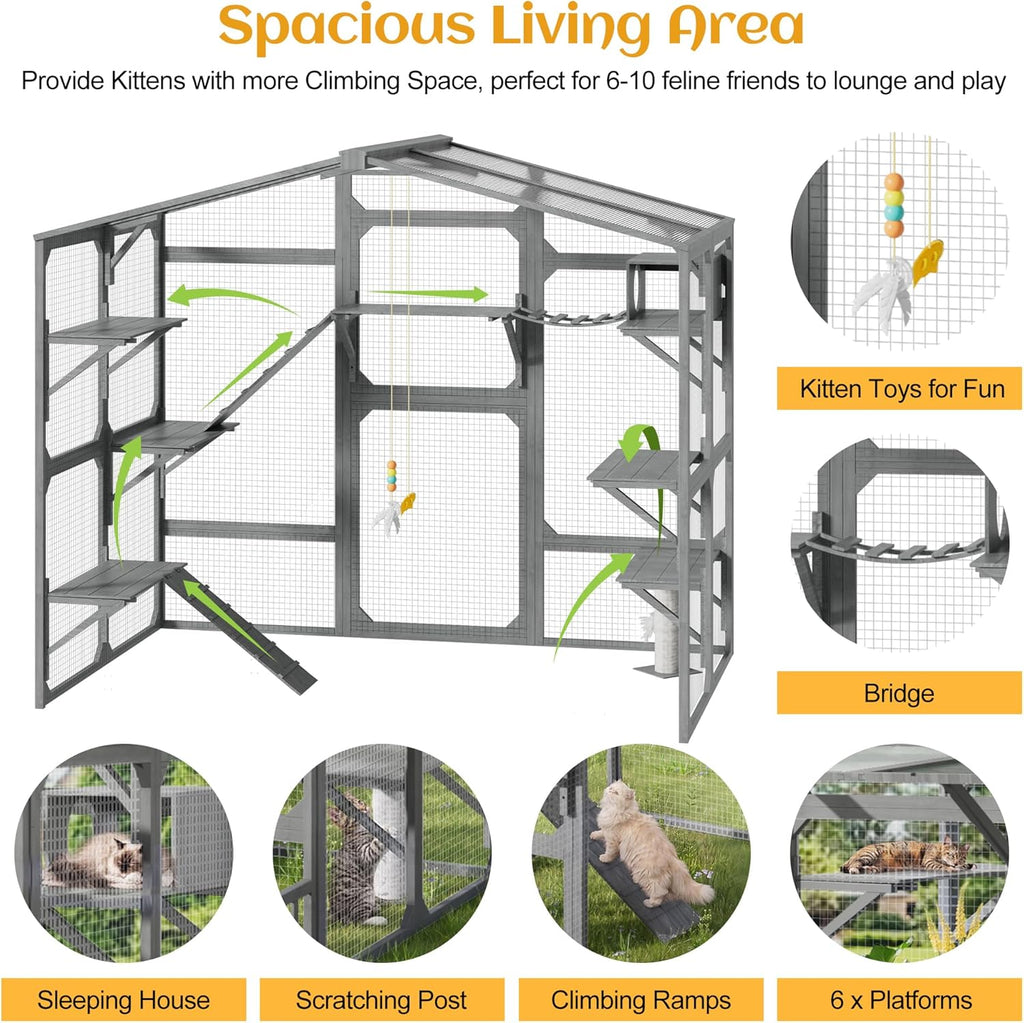 Large Outdoor Catio for 6-10 Cats with Platforms, Ramp & Cat House