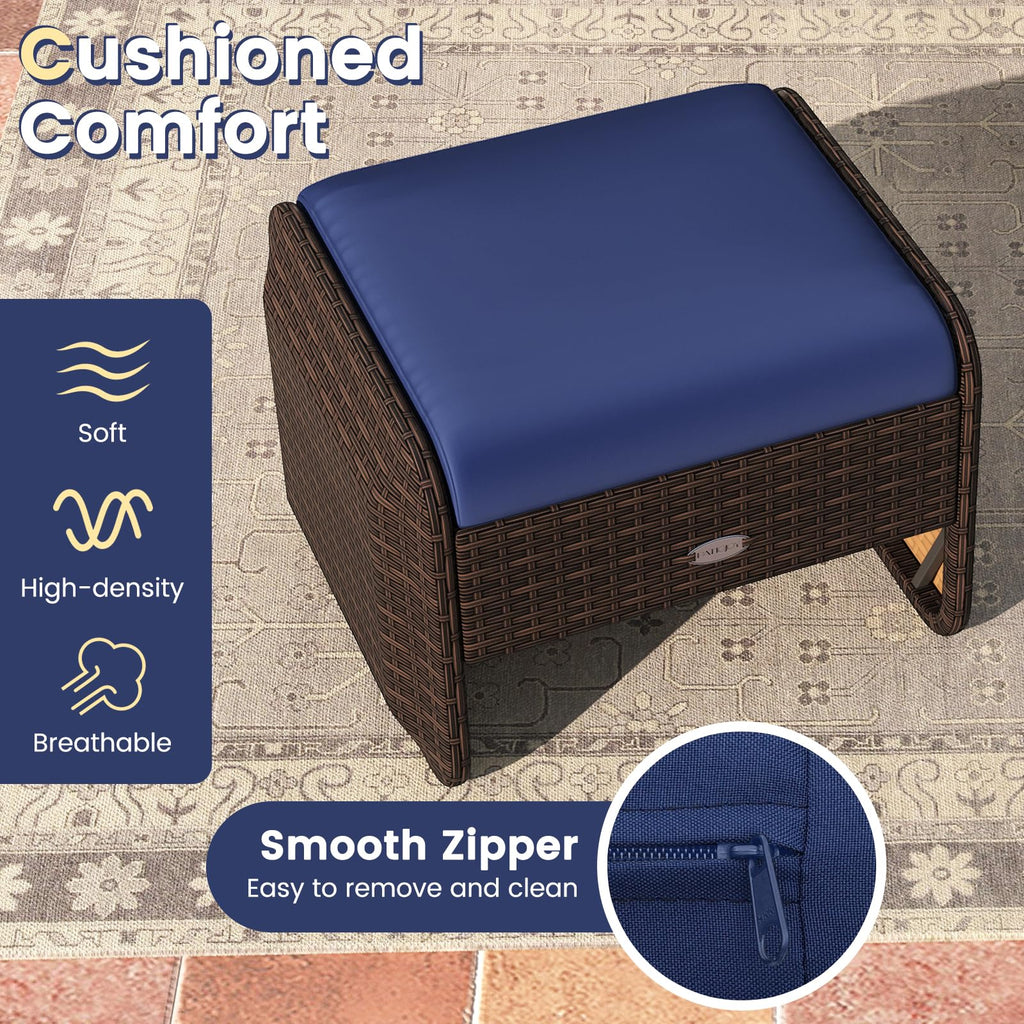 2 Pieces Patio PE Wicker Ottomans with Removable Cushions, Multipurpose Outdoor Furniture for Additional Seating