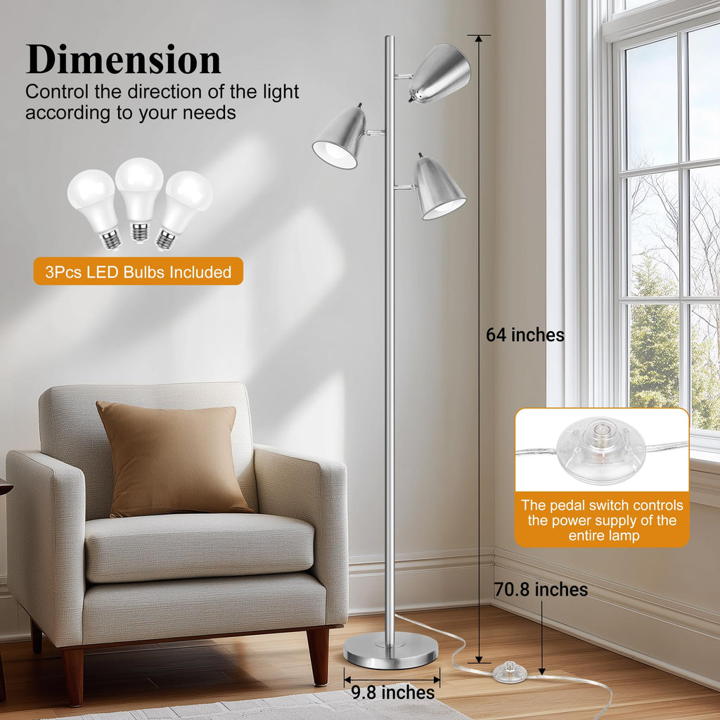 Tree Floor Lamp with 3 Light Bulbs, Standing Tall Pole Lamps Bedroom Office, Reading Stand up Lamps with 3 Adjustable