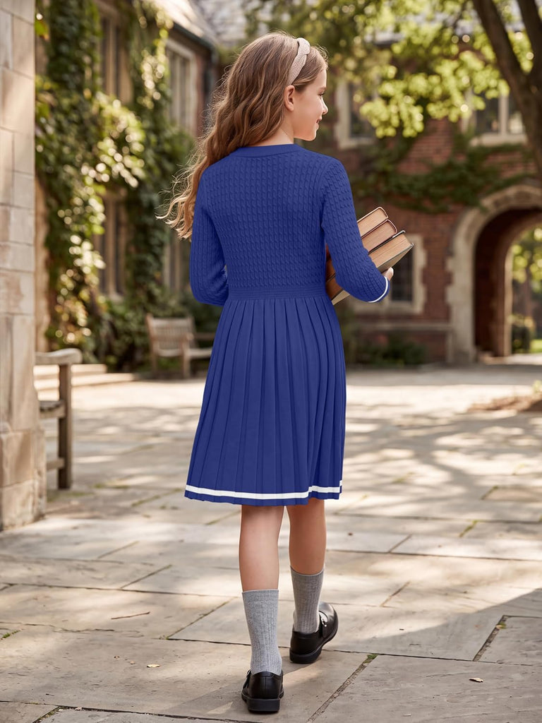 Girls Sweater Dress Long Sleeve Button A-Line Fall Winter Knit Dress