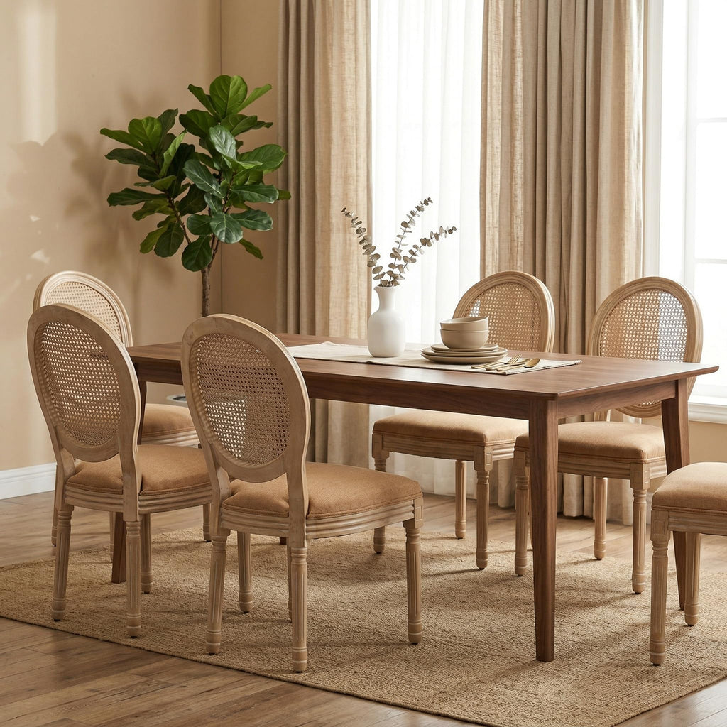 Vintage French Country Dining Chairs Set of 2, Farmhouse Rattan Dining Room Chairs with Round Back, Linen Upholstered