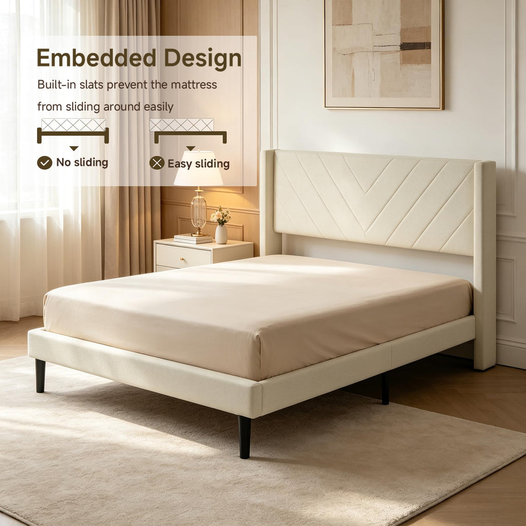 Upholstered Platform Bed Frame, Queen, White, Faux Leather, Button Tufted Headboard with Nailhead Trim, No Box Spring