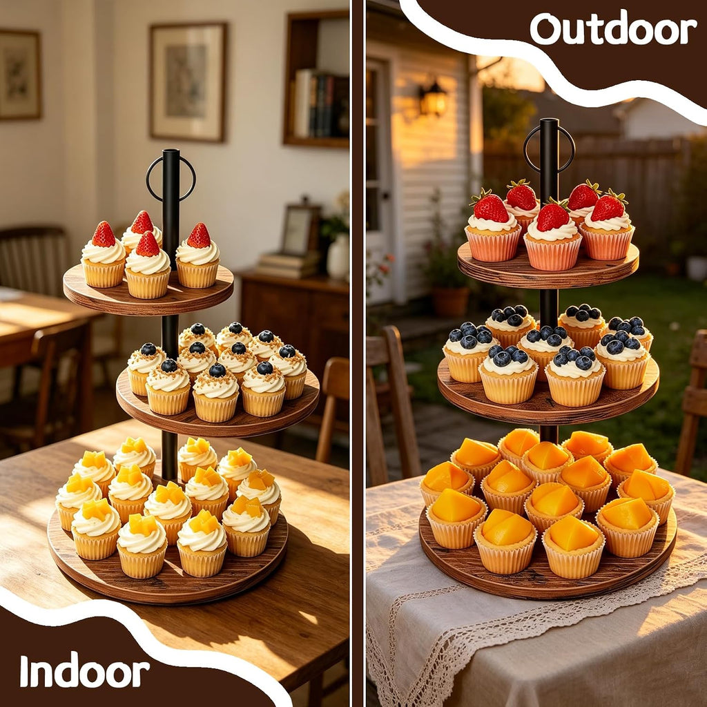 Cupcake Stand, 2 Pack Rustic Wood 3 Tier Cake Stand, Serving Tray - Set of 2