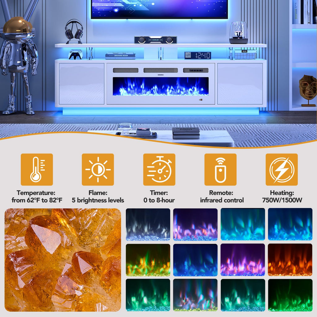 70", 36" Electric Fireplace with Adjustable Flames & Double LED Lights, Remote Control, Storage Cabinet with High