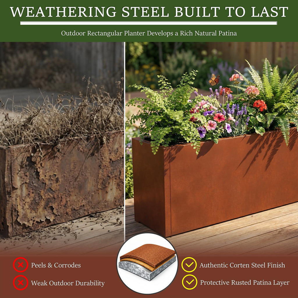32 Inch Corten Steel Planter Box, Large Rectangular Planter