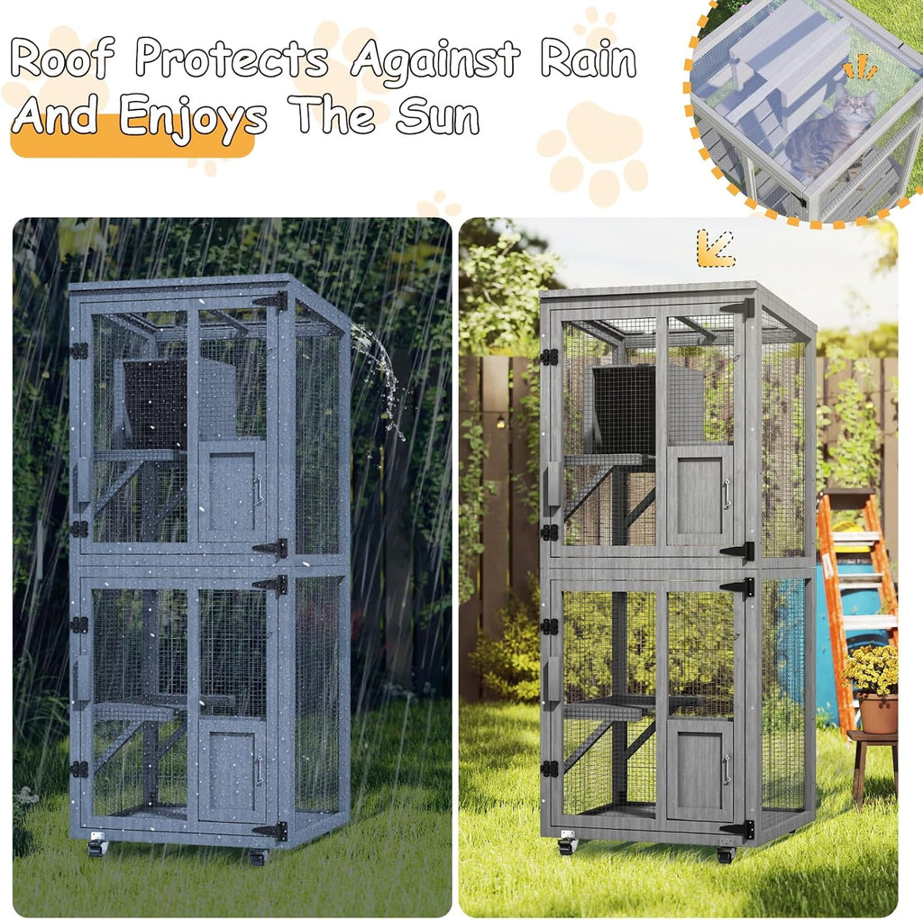 4 Tiers Catio Outdoor Cat Enclosure, Indoor Cat House with 4 Wheels, Grey