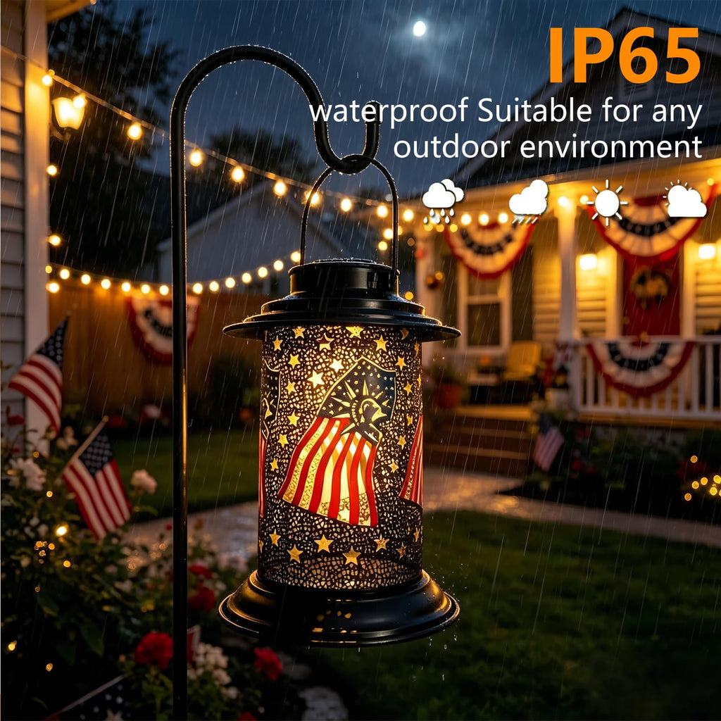 Patriotic Solar Lantern Outdoor American Flag Pattern with Shepherds Hook