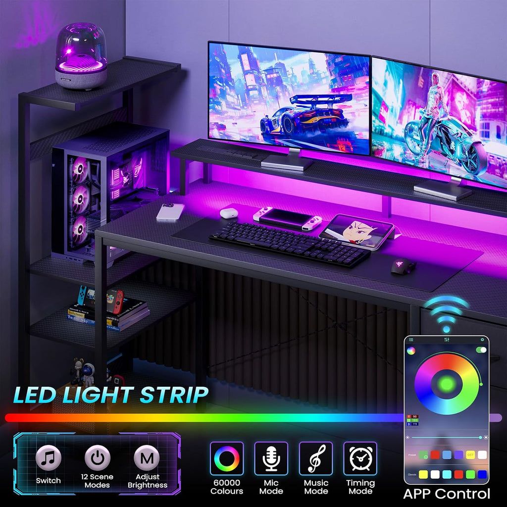 51in Gaming Computer Desk with Drawers & Power Outlet & LED Lights, Black | Gaming Table, Escritorio Gamer