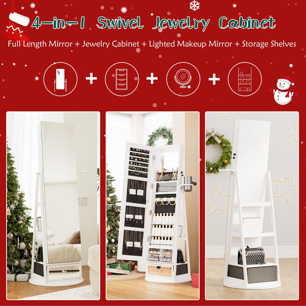 Mirror Jewelry Cabinet Standing, 360° Swivel Full Length Mirror with Drawer