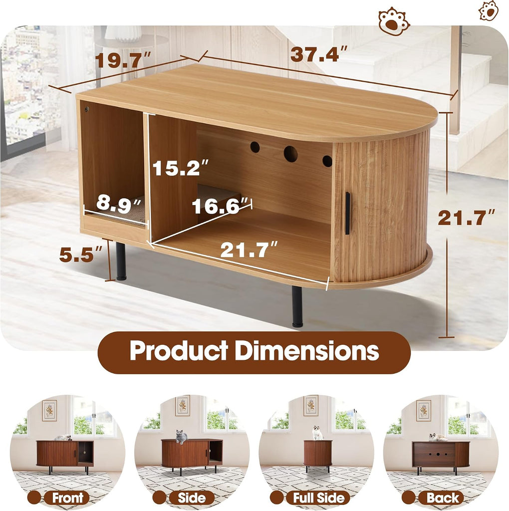 Fluted Cat Litter Box Enclosure, 37.4" Large Hidden Litter Box Furniture, Wooden Litterbox Cabinet with Cat Scratch