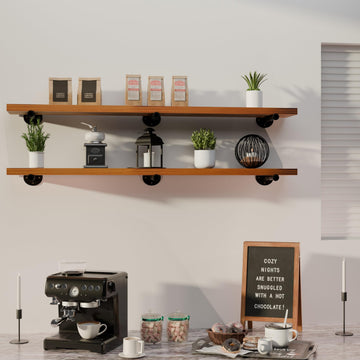 Industrial Pipe Wall Wood Shelves, Real Wooden Shelves 55" in Special Brown Color with 1.2" Extra Thickness, Modern