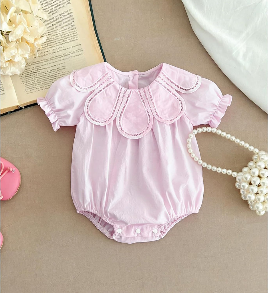 Baby Girl Petal Collar Romper, Cotton Sleeveless Ruffle Bodysuit for Newborn Infant, Vintage Lace Trim One Piece