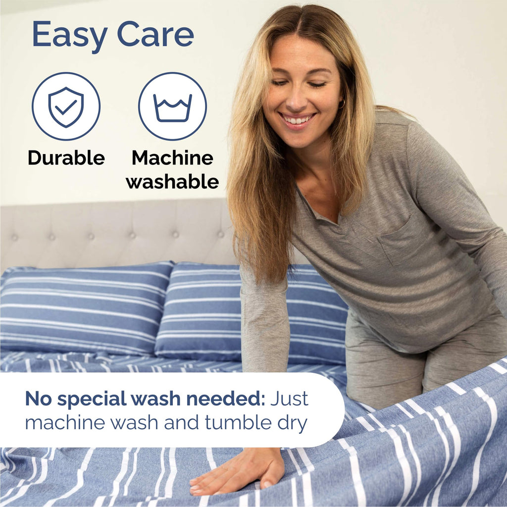 Queen Size 4 Piece Sheet Set - Breathable & Cooling Sheets - Blue Stripes