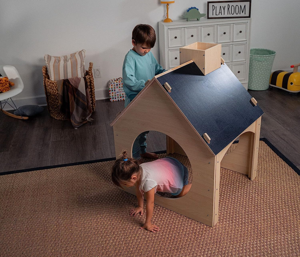 Indoor Montessori Wooden and Waldorf Style Playhouse for Toddlers with Double Chalkboard Roof. Sturdy Play Set
