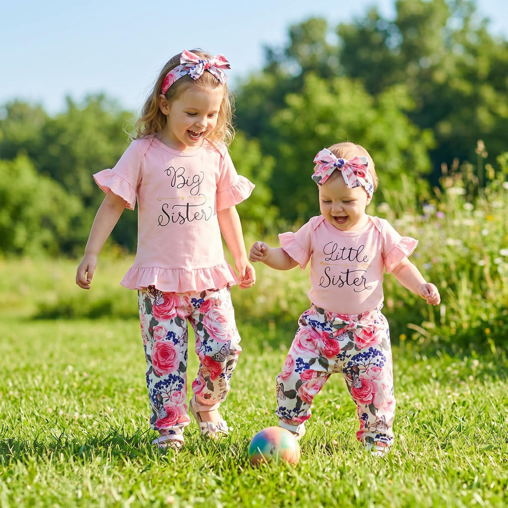 Newborn Baby Girl Clothes Big Sister Little Sister Matching Outfits Infant Romper Floral Pants Toddler Girls Clothing