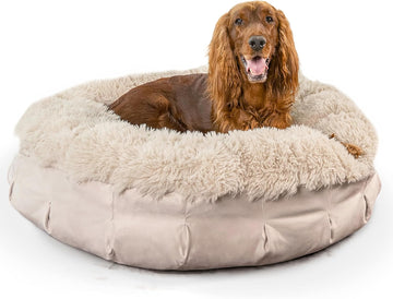 Ultra Calming Pouf Bed, Orthopedic Round Dog Bed for Joint Support, Faux Fur, Washable Cover, Tan, Large