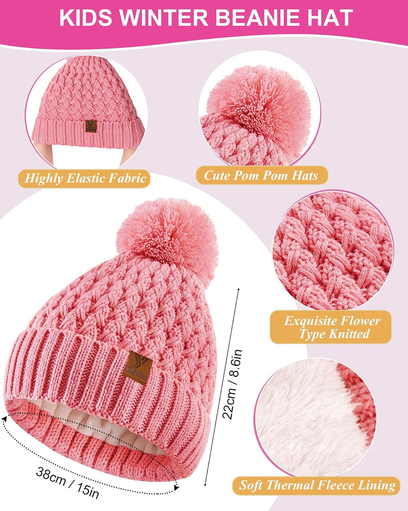 Kids Winter Hat Gloves Scarf Set, Girls Boys Toddler Winter Hat Beanie Pom Knitted Scarves Mittens Fleece Lined Age