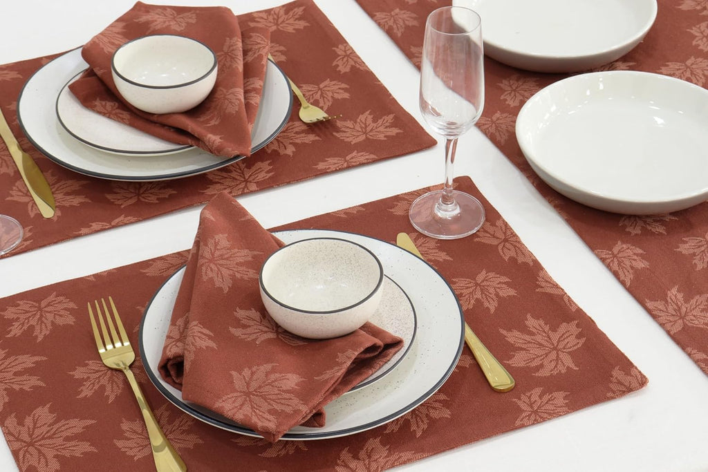 Rustic Damask Maple Leaves Fall Table Napkin (18x18 Inch Set of 6), Table Placemat (13x19 Inch Set of 4) - Jacquard