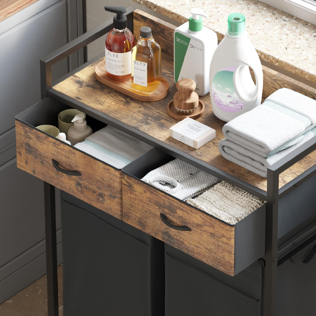 Laundry Sorter 2 Section with 2 Bags 4 Wheels 2 Drawers