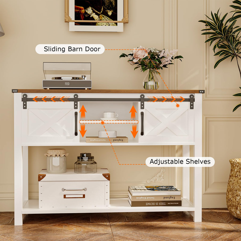 Farmhouse Entryway Table with LED Light, Sofa Table with Sliding Barn Door, Adjustable Open Shelves, 46" Rustic