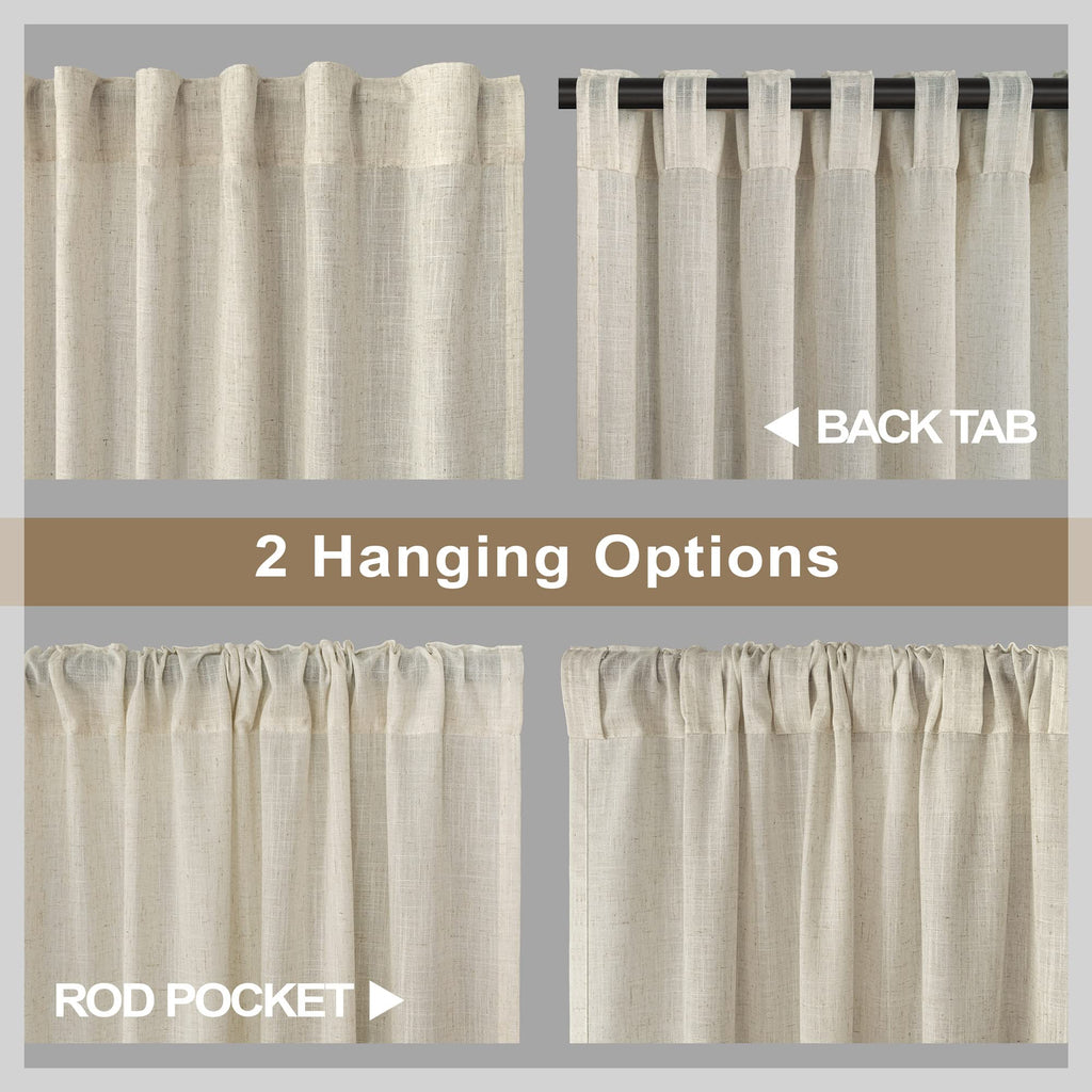 Half Curtains for Windows 36in Long Flax Linen Kitchen Tiers 2 Panels Back Tab Pocket Semi Privacy Glare Control