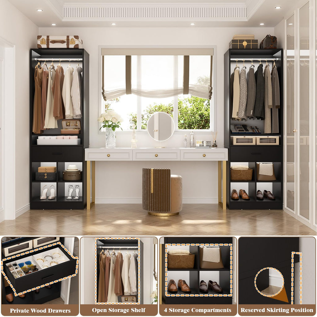 Freestanding Closet System with Wood Drawer and 4 Cubby Storage, Closet Organizer with Hanging Rods & Shelves, 25" W