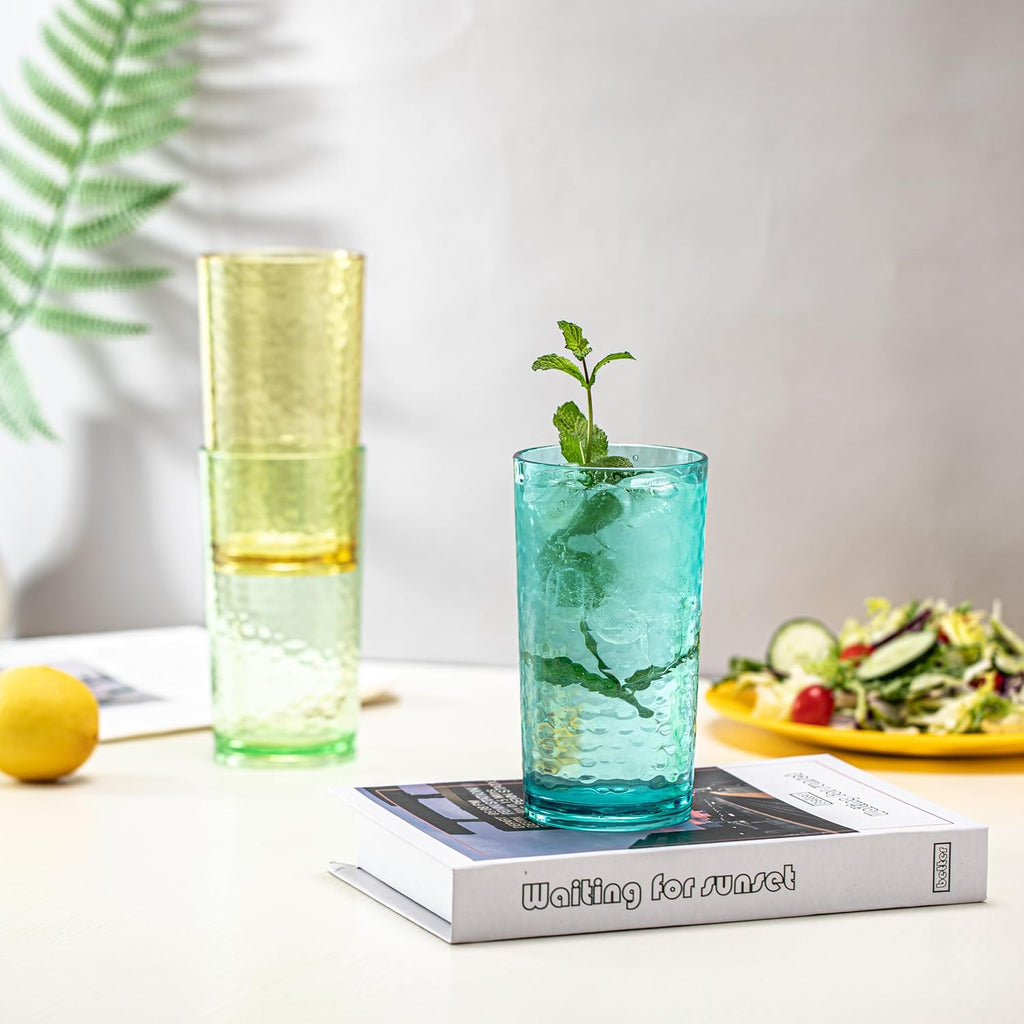 20-ounce Acrylic Glasses Plastic Tumbler, set of 6 Multicolor - Hammered Style, Dishwasher Safe, BPA Free