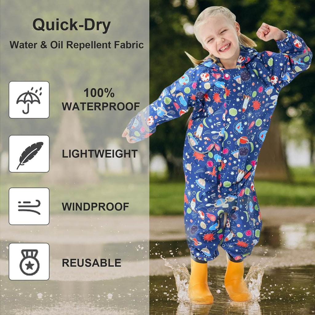 Kids Toddler Rain Suit Girls Boys Raincoat One Piece Waterproof Coverall Lightweight Hoodie Prints Rain Jacket