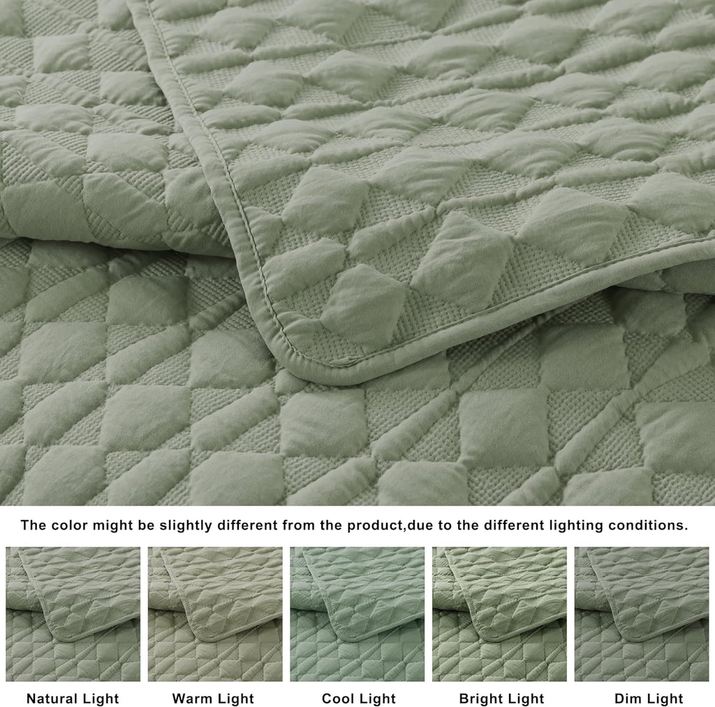 Sage Green Quilt Queen Bedding Sets with Pillow Shams, Lightweight Soft Bedspread Coverlet, Quilted Blanket Thin