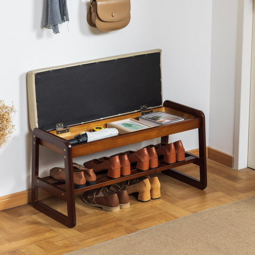Solid Wood Shoe Rack Bench with Flip-Top Storage, Gray, 31.5"