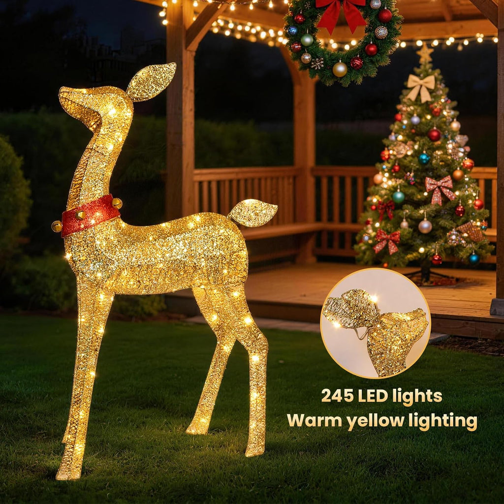 Christmas Deer Outdoor Decorations - 4 Piece 3D Lighted Deer Family Set with 245 LED Lights, Yard Christmas Decor