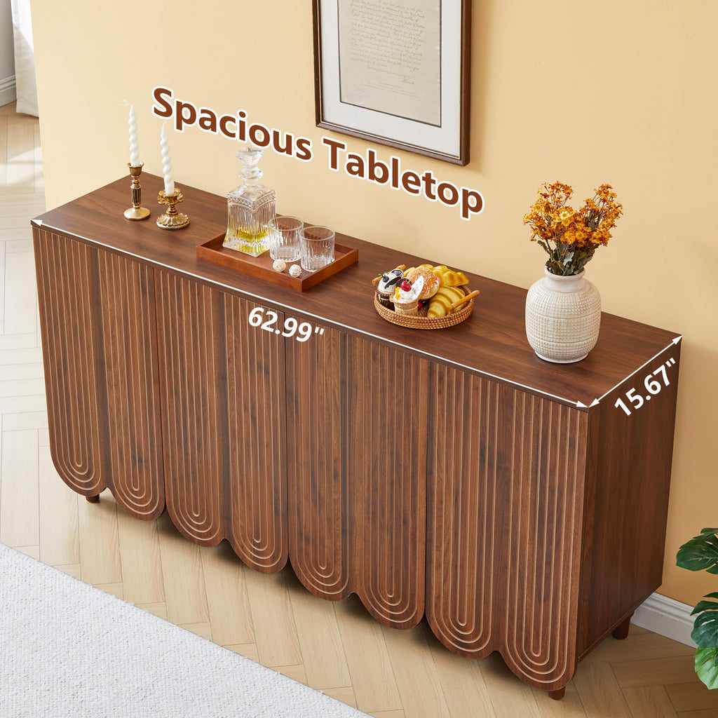 63" Buffet Cabinet with Scalloped Arched Doors, 4-Door Sideboard with Adjustable Shelves, Push-to-Open & Soft-Close
