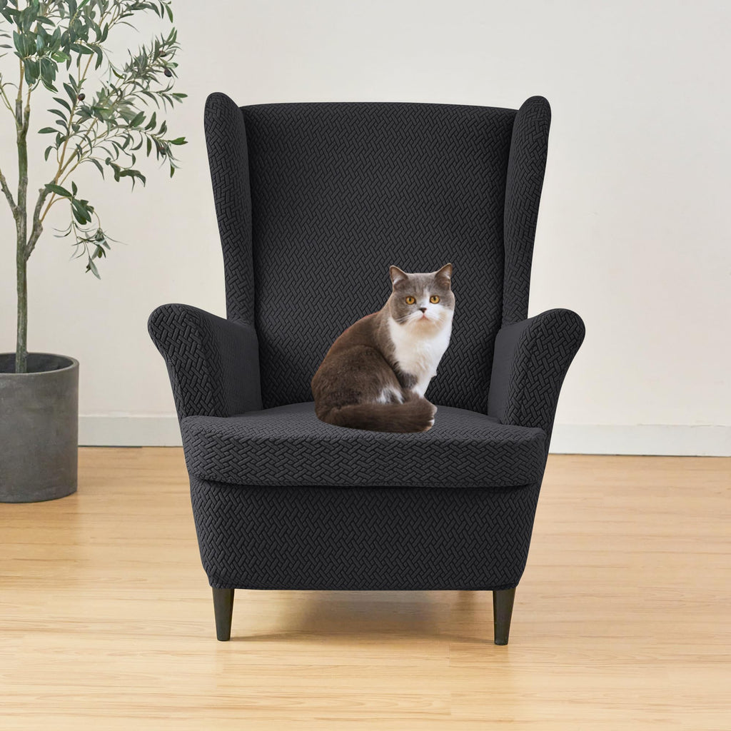 Wingback Chair Slipcover, 2 Piece Stretch Jacquard Wingback Chair Covers Thick Wing Back Chair Covers with Arms Wing